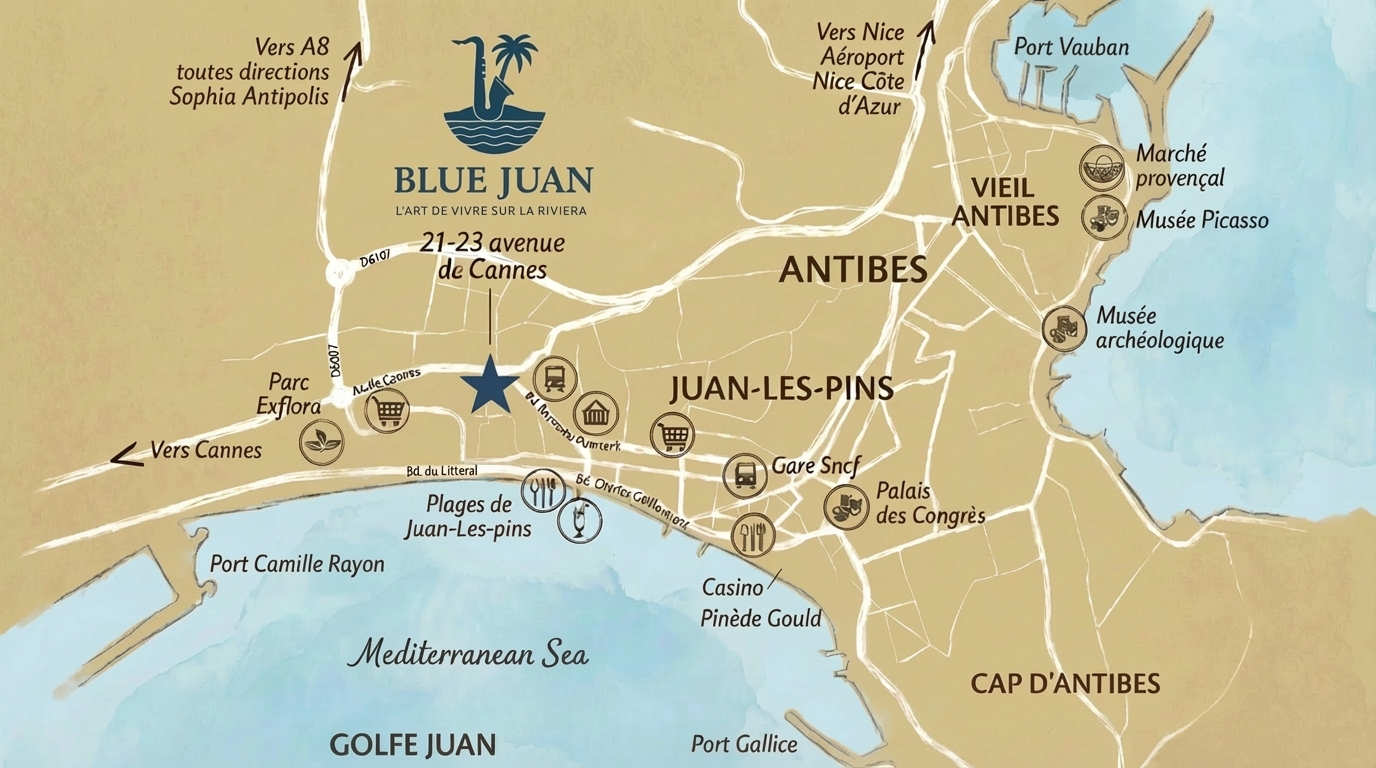 Carte Blue Juan Immobilier - Juan les pins focus - dessin