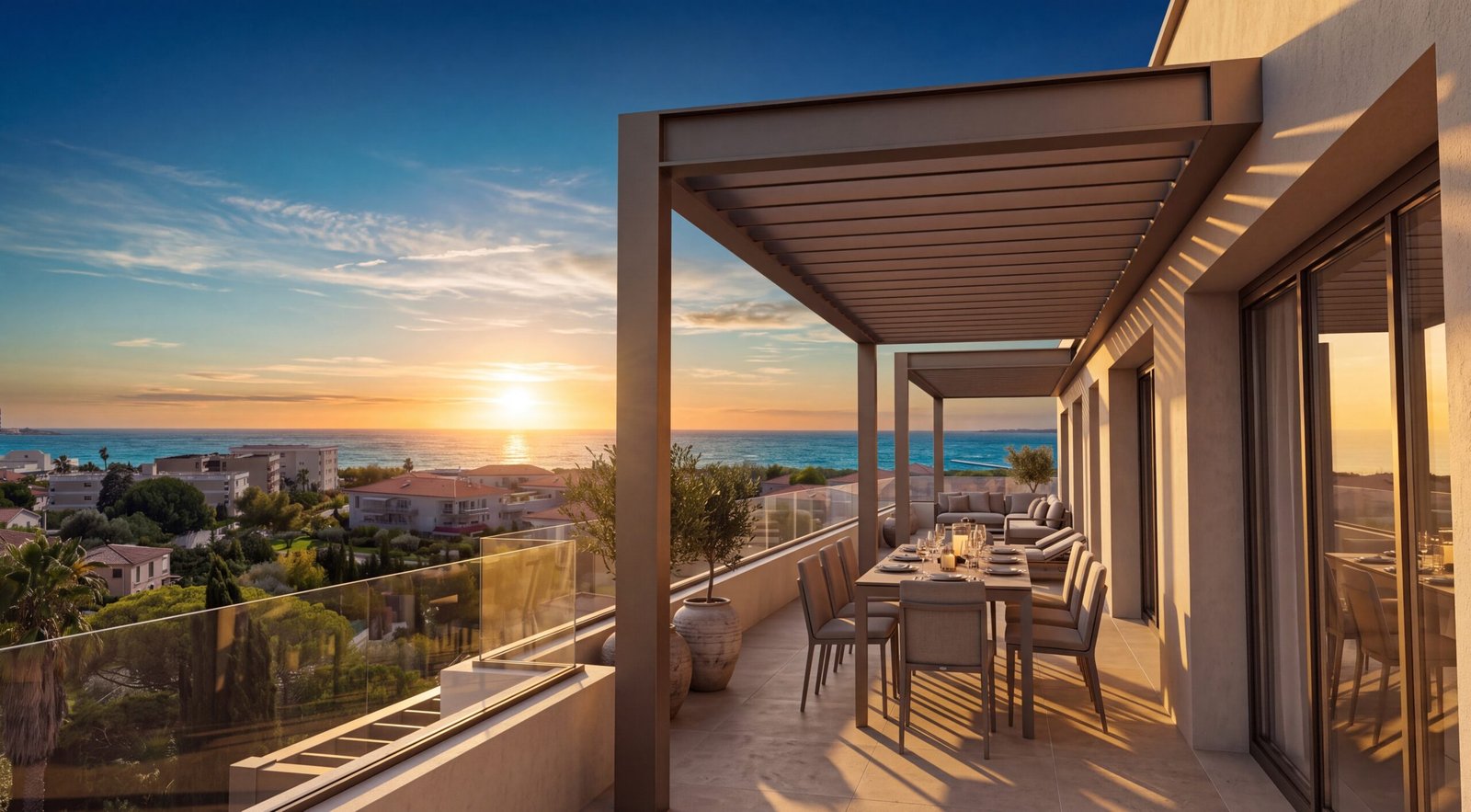 Perspective terrasse coucher de soleil_Blue Juan_programme neuf immobilier_Sud France_Juan Les Pins Perspective terrasse coucher de soleil_Blue Juan_programme neuf immobilier_Sud France_Juan Les Pins
